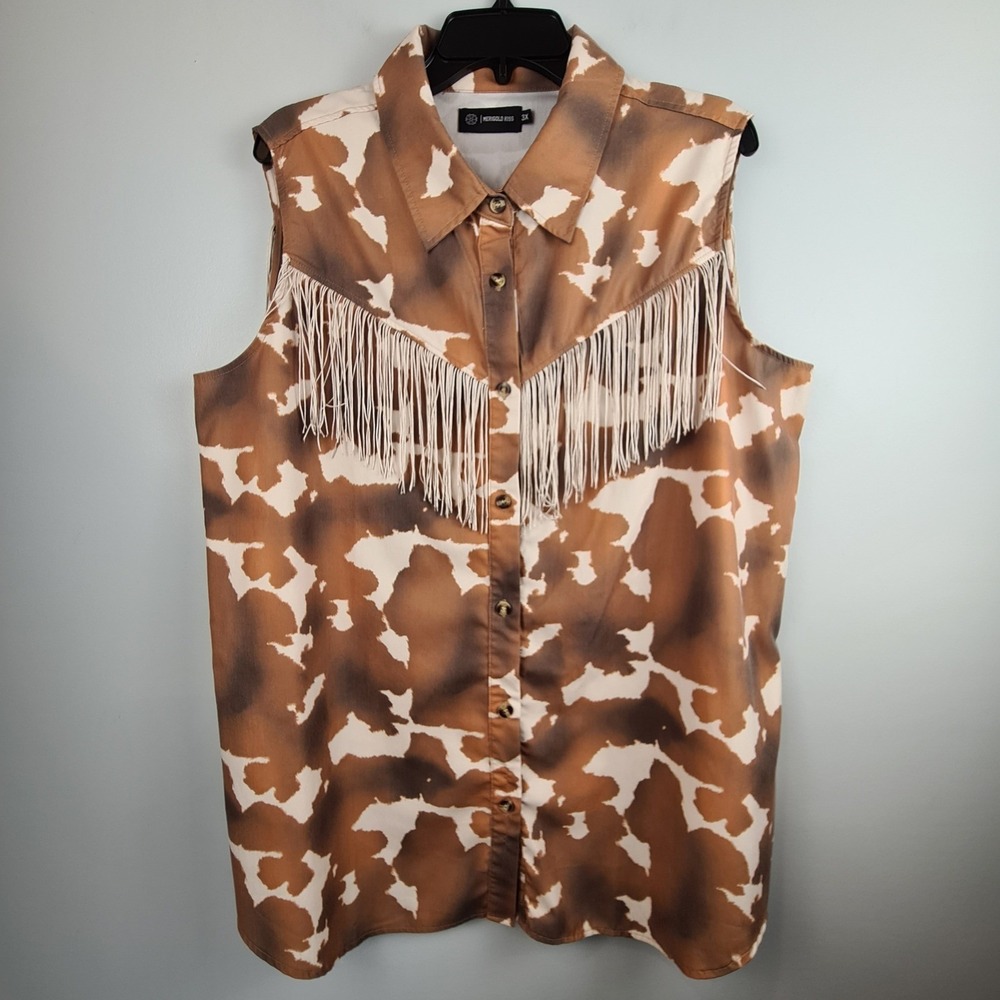 Merigold Kiss Womens 3X Cow Print Fringe Western Sleeveless Button Up Top Brown